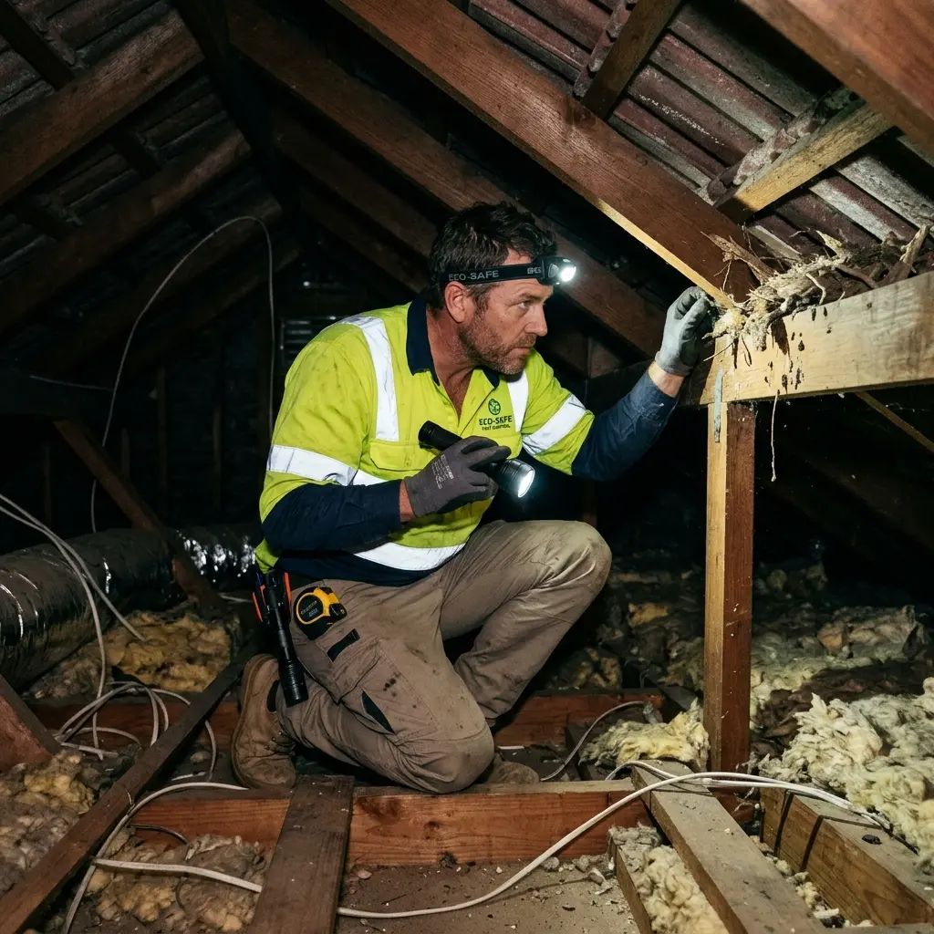 Technician inspecting a roof cavity for a dead animal in Wattle Glen